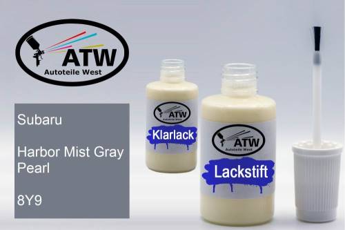 Subaru, Harbor Mist Gray Pearl, 8Y9: 20ml Lackstift + 20ml Klarlack - Set, von ATW Autoteile West.